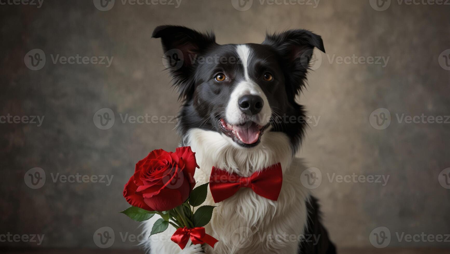 Cute Valentine's Day happy smiling border collie dog with a red bow tie holding a bouquet of red rose flowers on blurred modern home background, copy space. photo
