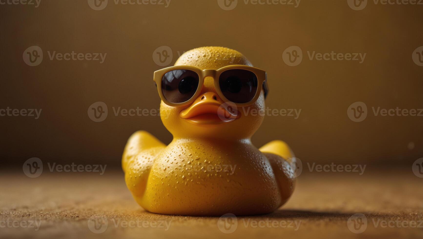 Cute rubber duck wearing stylish sunglasses on yellow background minimal creative concept Space for copy. photo