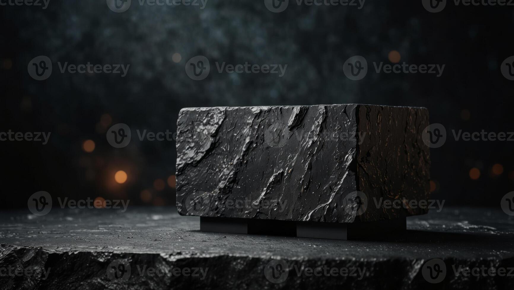Dark stone podium for display product, dark rock textured background, luxury display podium. photo