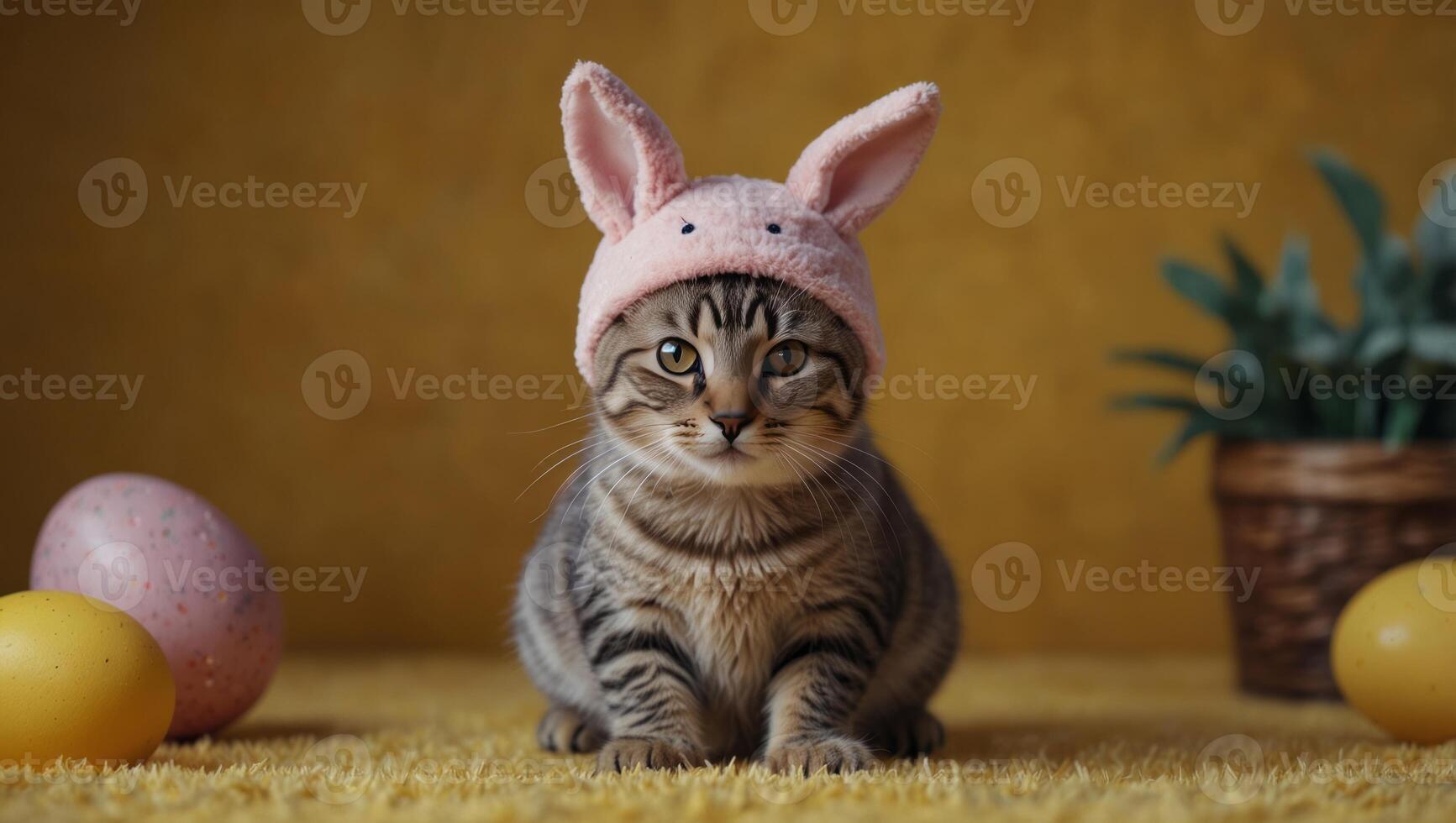 Cute tabby cat kitty looks at the camera in a bunny costume The cat is sitting on a yellow background wearing a cute hat with bunny ears Happy Easter concept. photo