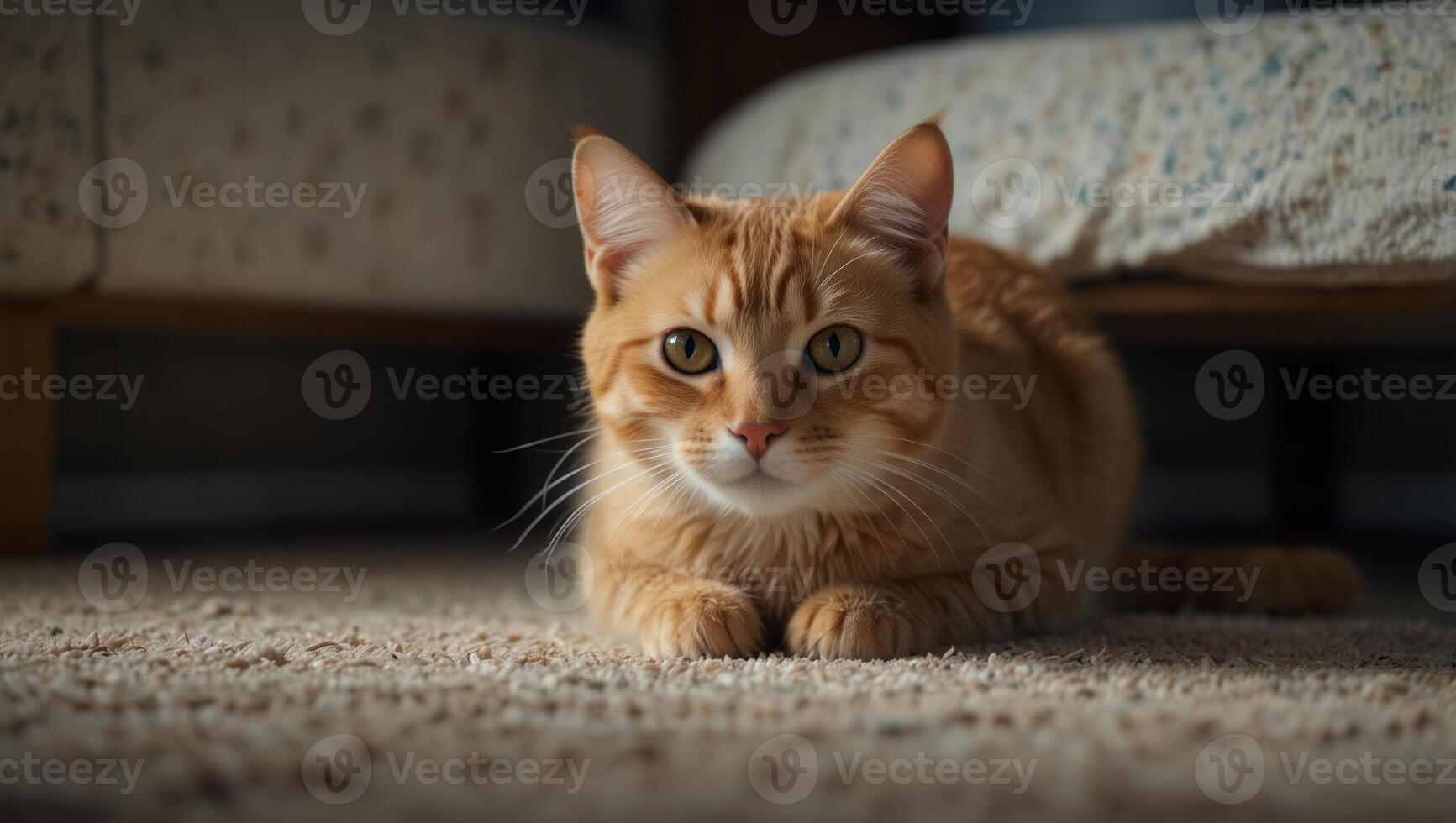 Cute curious cat hiding under the bed and ready to hunt, playful and adorable furry friend, pet at home. photo