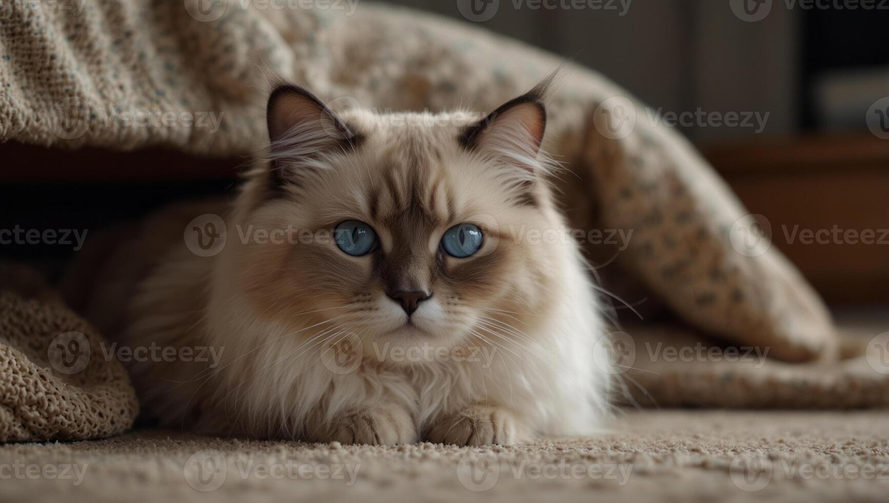 Cute curious ragdoll cat hiding under the bed and ready to hunt, playful and adorable furry friend, pet at home. photo