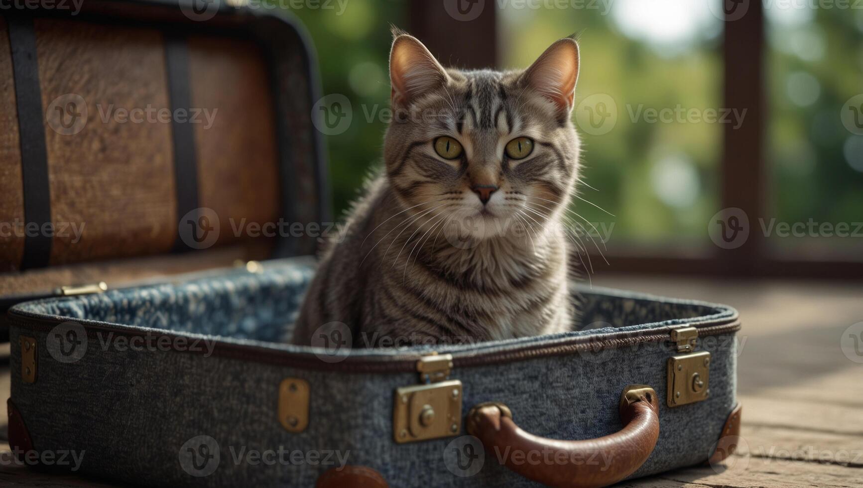 Cute gray tabby cat was caught sitting in an open suitcase among summer clothes, concept of traveling packing, funny pet furry friend. photo