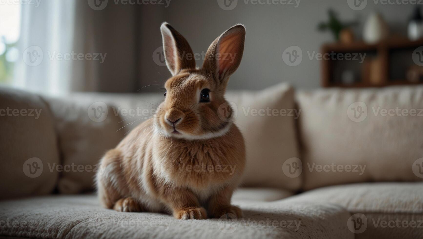 Cute little bunny on the sofa posing to the camera on blurred modern home background, copy space on empty sofa, slow life with pet lifestyle, modern Easter backgrounds. photo