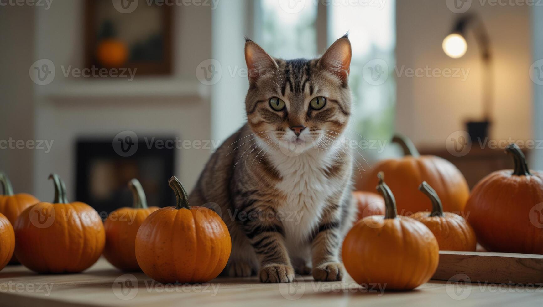 Cute cat staring at a pile of pumpkins on white table on blurred modern home background with copy space. photo