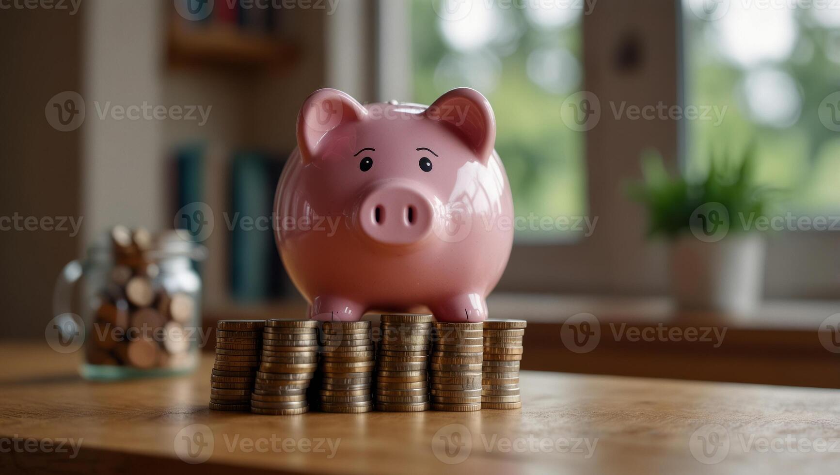 Cute pink piggy bank and money coins in piles in stacks on wooden table on blurred home background near the window with large copy space, panorama wide backgrounds. photo