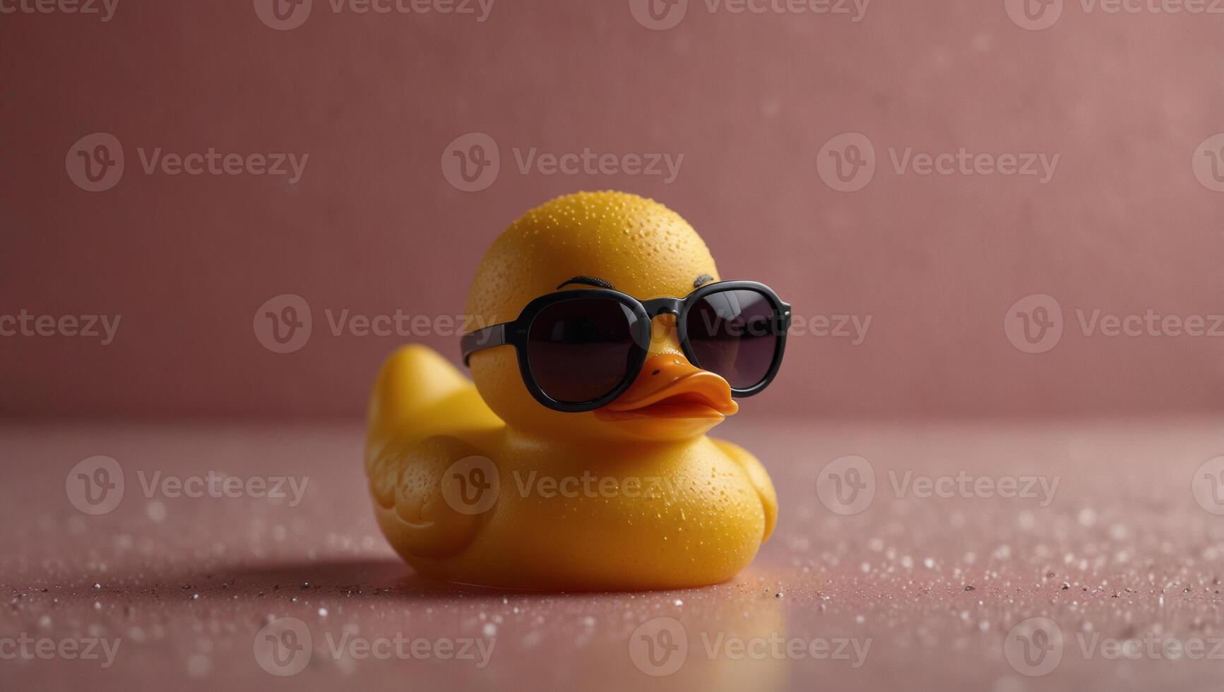 Cute rubber duck wearing stylish sunglasses on pink background minimal creative concept Space for copy Summer holiday happy bath. photo