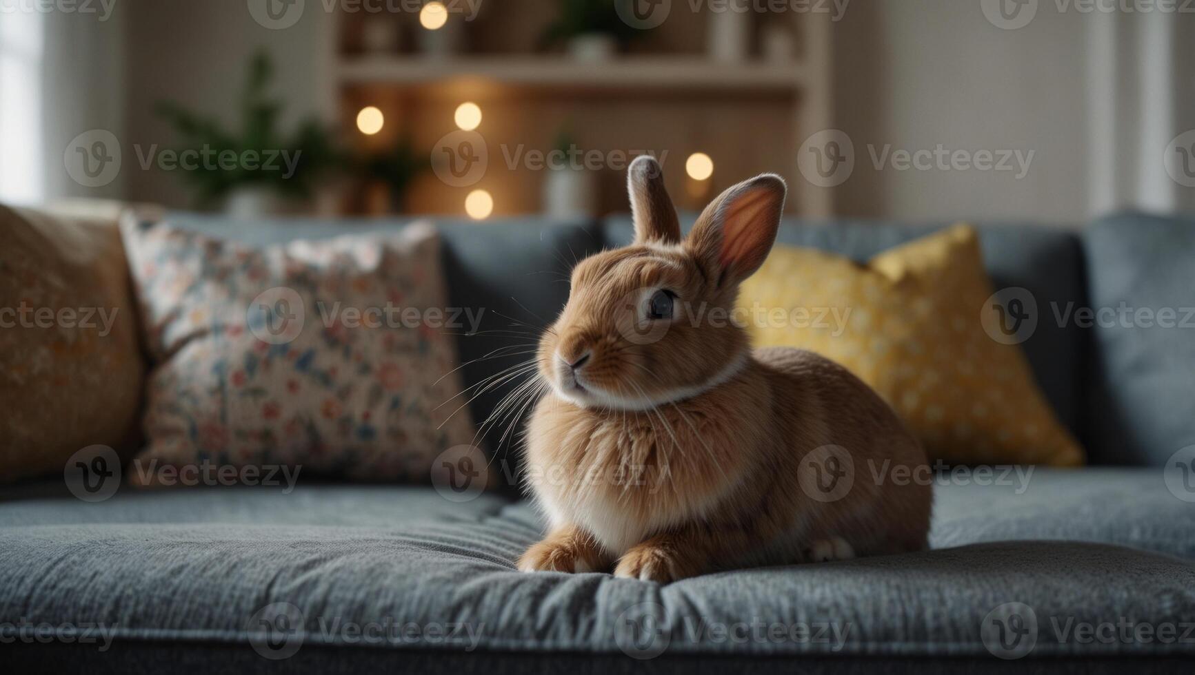 Cute little bunny on the sofa posing to the camera on blurred modern home background, copy space on empty sofa, slow life with pet lifestyle, modern Easter backgrounds. photo