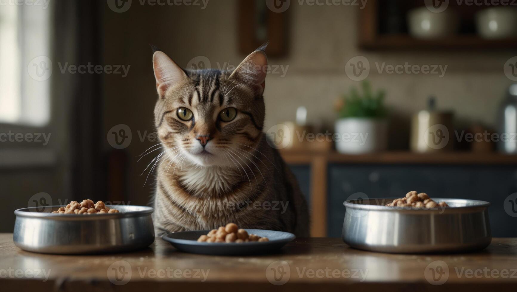 Cute tabby cat making choice from 3 food bowls in front of it on vintage kitchen background, concept of cat food choice, cat food type, dry food, wet food and raw. photo