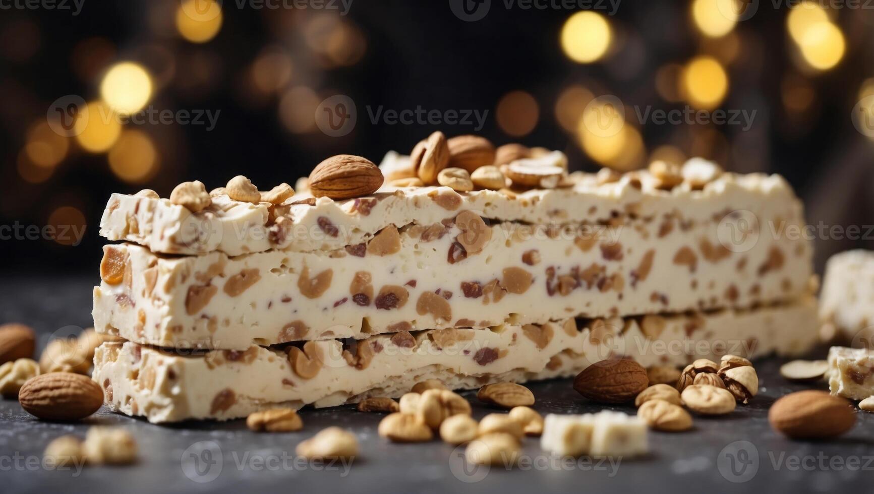 Delicious traditional Italian festive torrone or nougat with nuts on stone background Holiday concept. photo