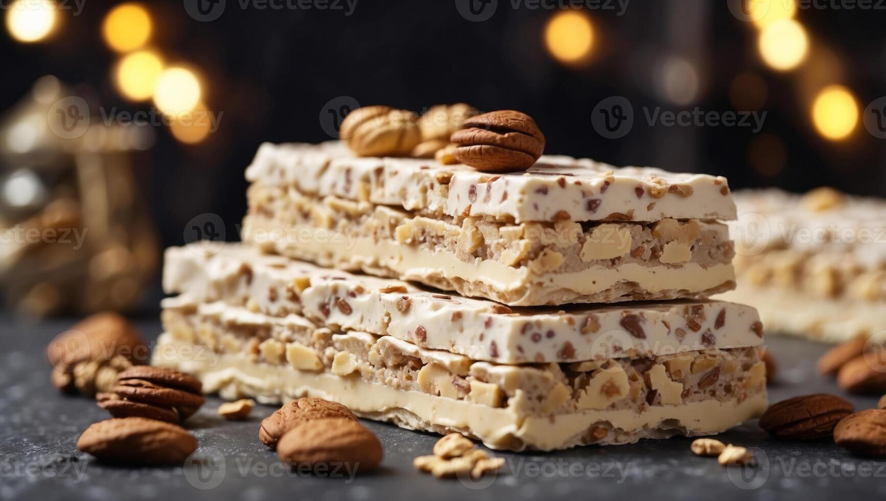 Delicious traditional Italian festive torrone or nougat with nuts on stone background Holiday concept. photo