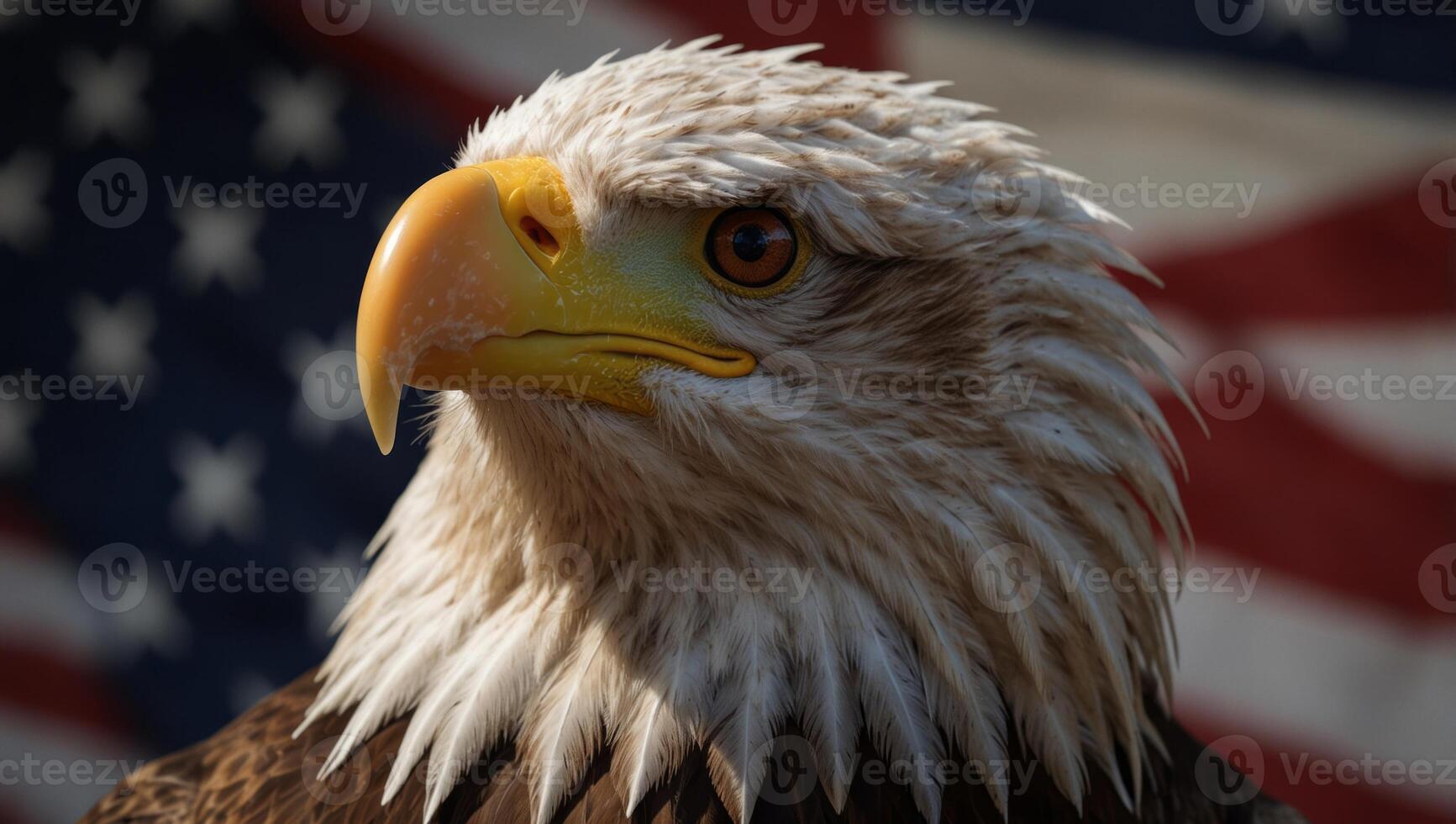 Eagle With American Flag Flies In Freedom, the national symbol of the USA, North American Bald Eagle on American flag backgrounds, copy space. photo
