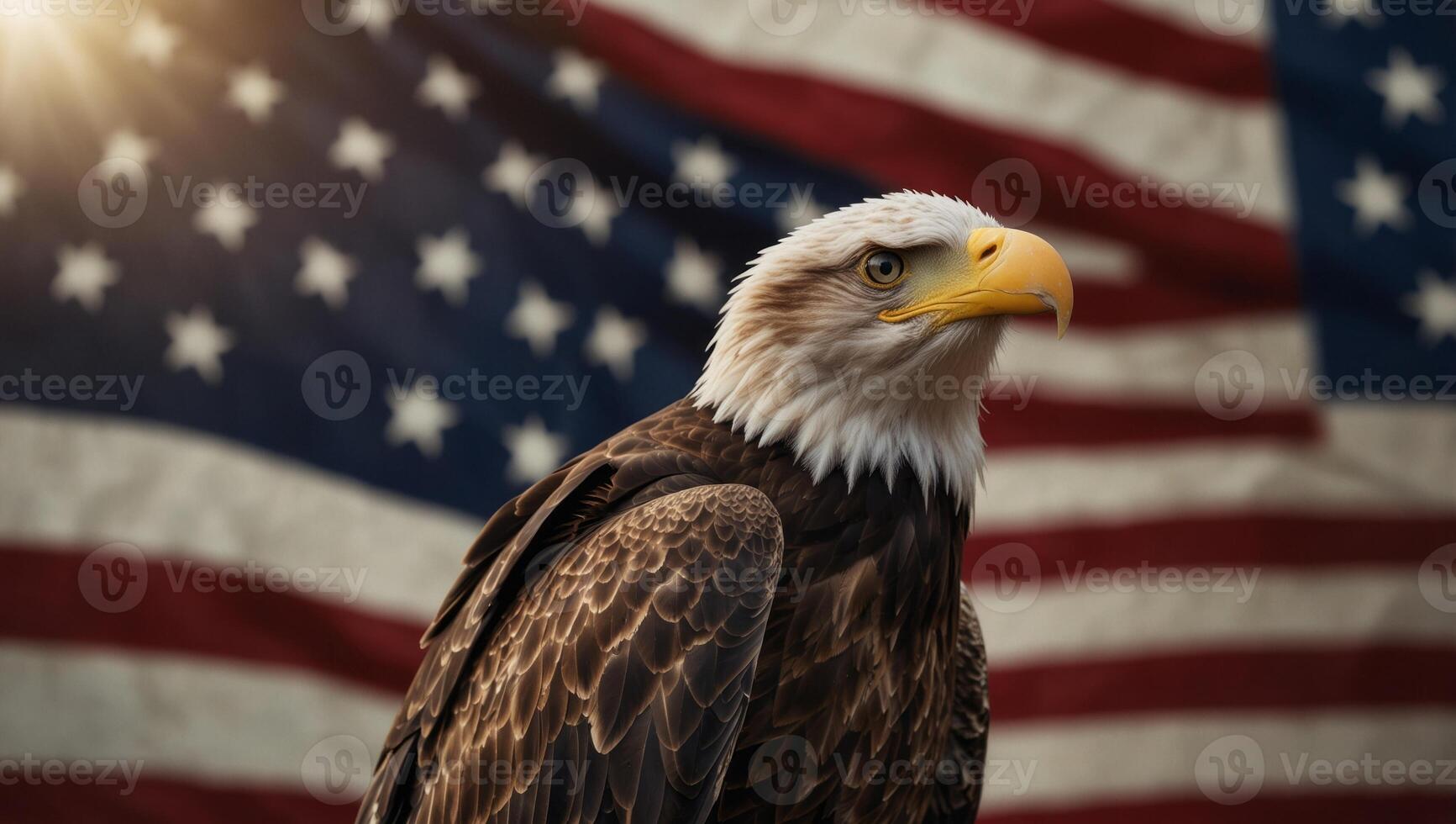 Eagle With American Flag Flies In Freedom, the national symbol of the USA, North American Bald Eagle on American flag backgrounds, copy space. photo