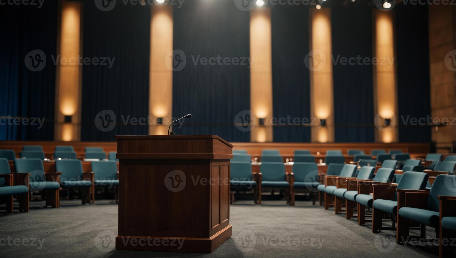 Empty lecture podium, conference hall interior Before a conference or the president election, presidential debate speech. photo