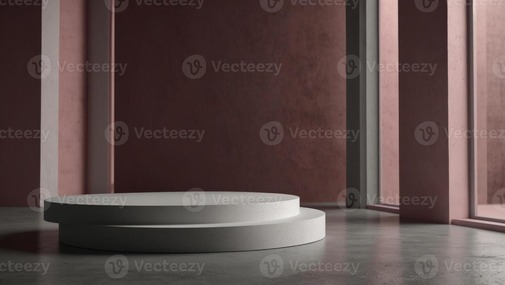 Empty podium for product display Monochrome Pedestal with frosted glass on pink wide window background Stylish background for presentation Minimal style. photo