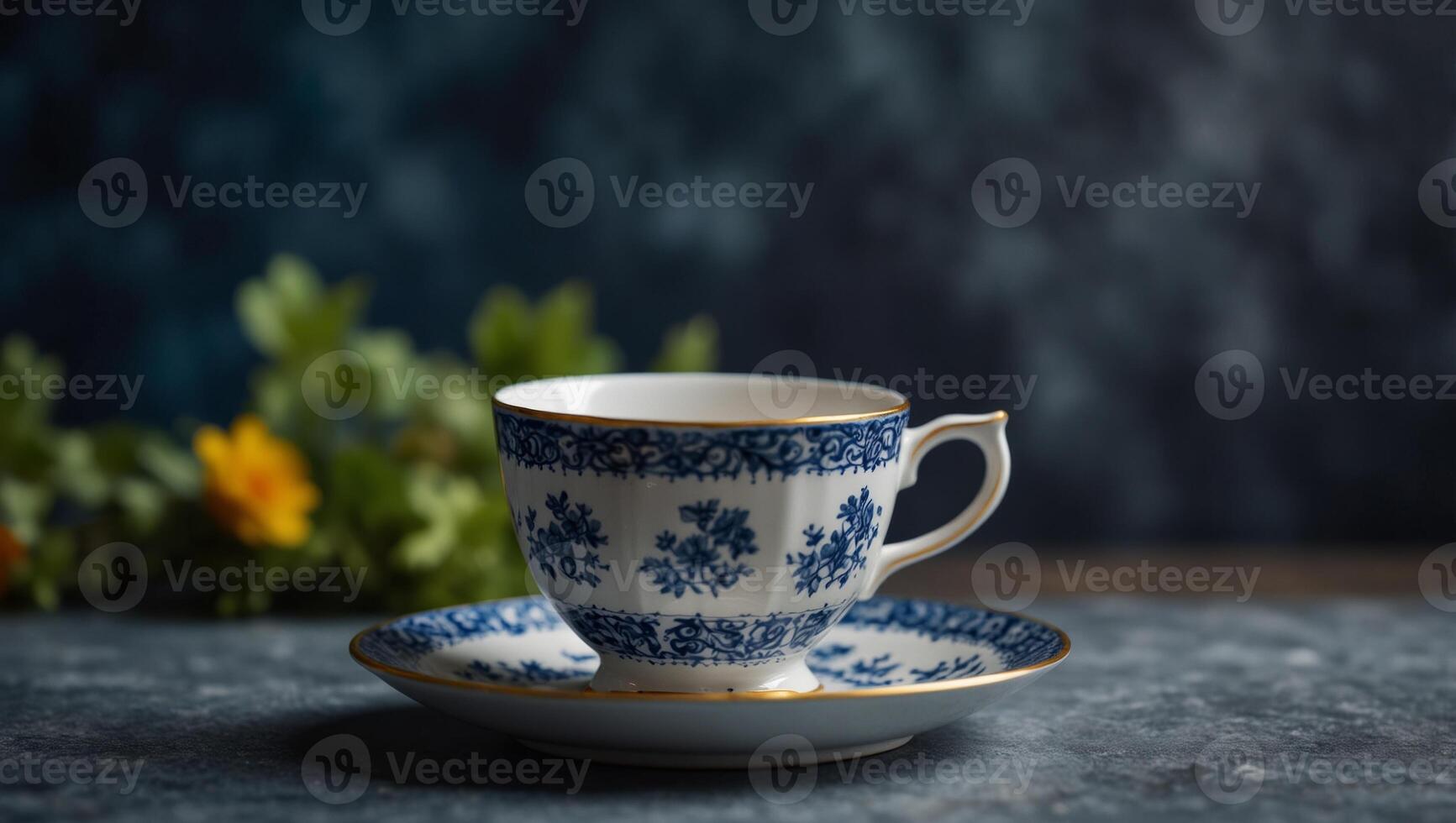 English Teacup with saucer on a blue stone background Top view, with copy space. photo