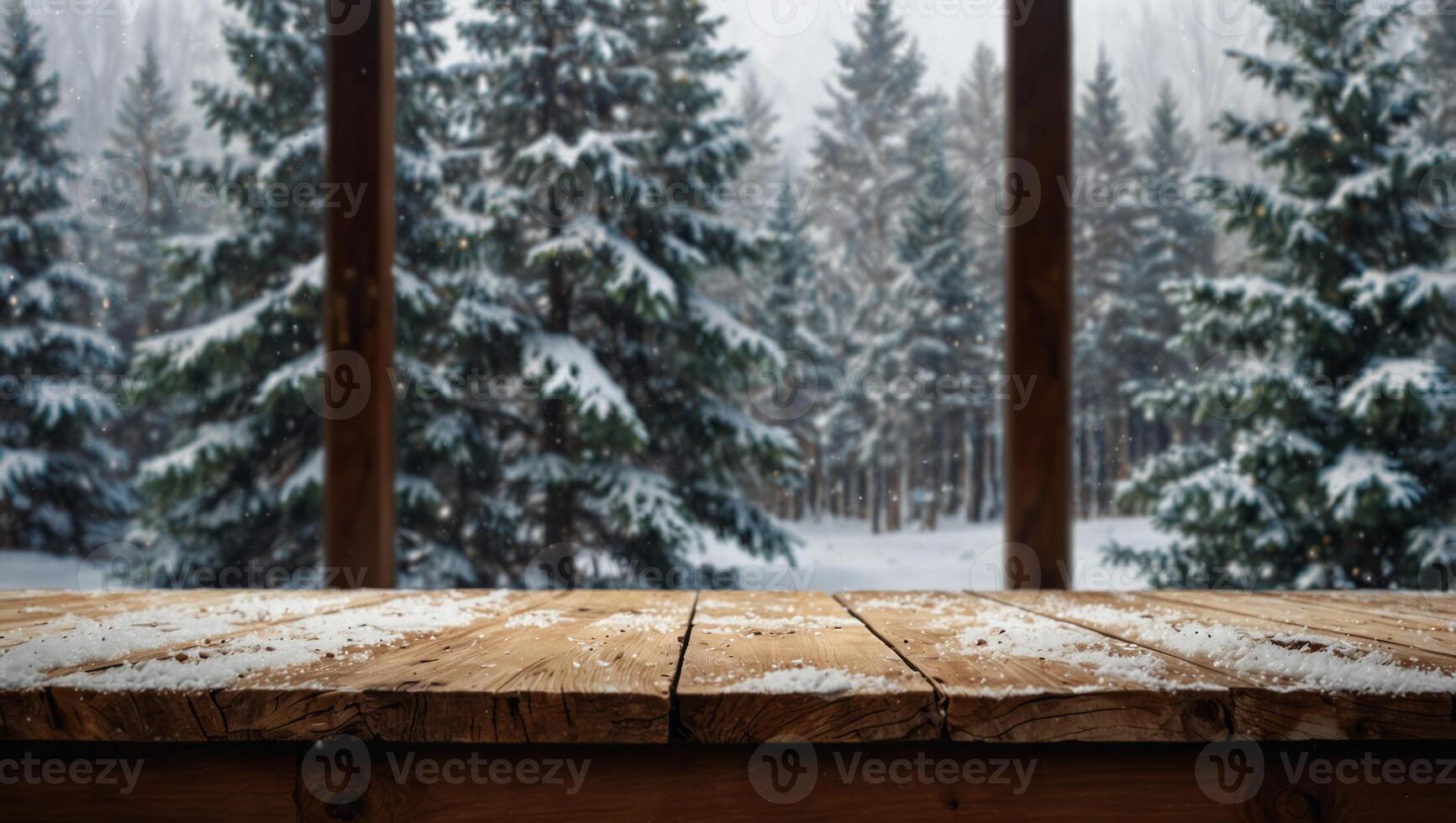 Empty wooden table on white blurred window with snowy Christmas trees forest outside background, Empty space of Christmas celebration banner. photo