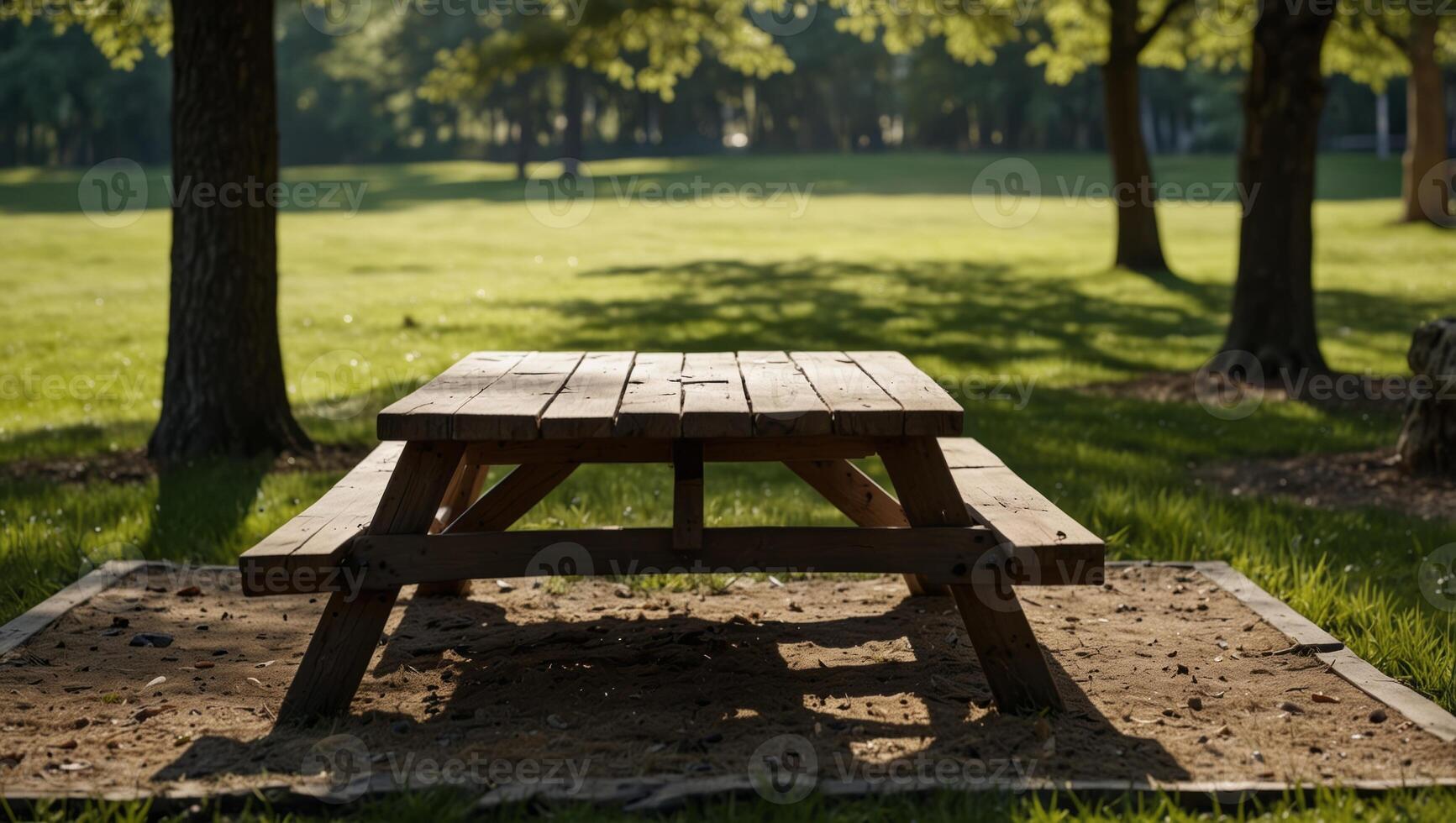 Empty wooden picnic table on a green meadow with trees on back with shadows in a open park space, idea of outdoor picnic, hiking, with copy space. photo