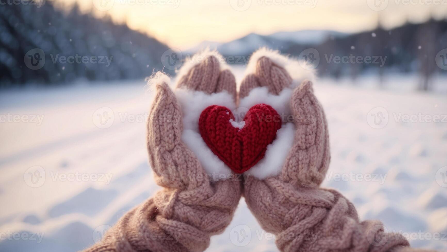 Female hands in knitted mittens with heart of snow in winter day Love concept Valentine day background. photo