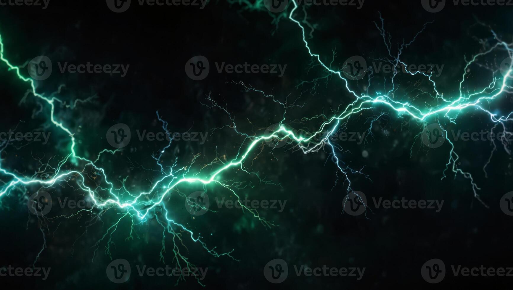 Fantasy green lightning, abstract electrical background ,Teal abstract lightning on black. photo