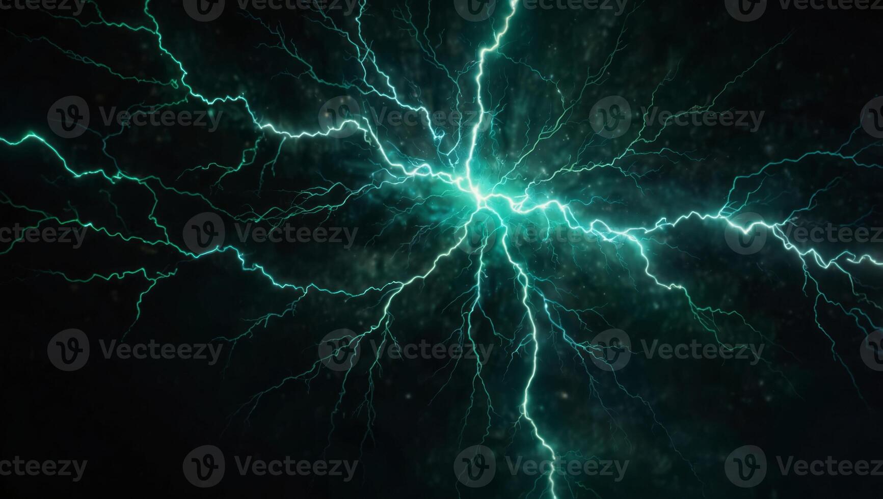 Fantasy green lightning, abstract electrical background ,Teal abstract lightning on black. photo