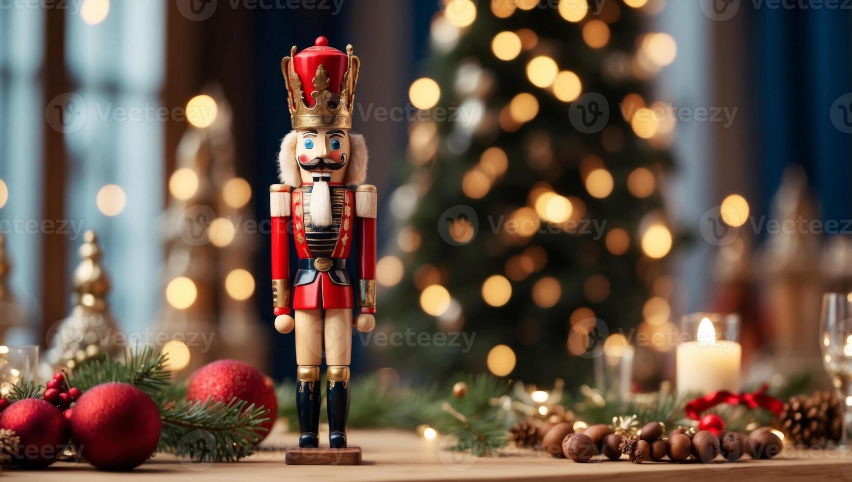 Festive handmade wooden nutcracker on holiday table,. photo