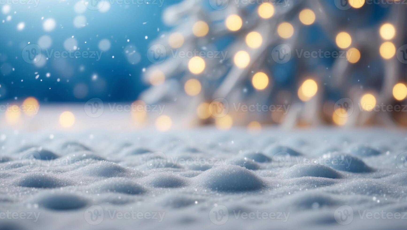 Festive Christmas natural snowy background, abstract empty stage, snow, snowdrift and defocused Christmas lights on light blue background, copy space. photo