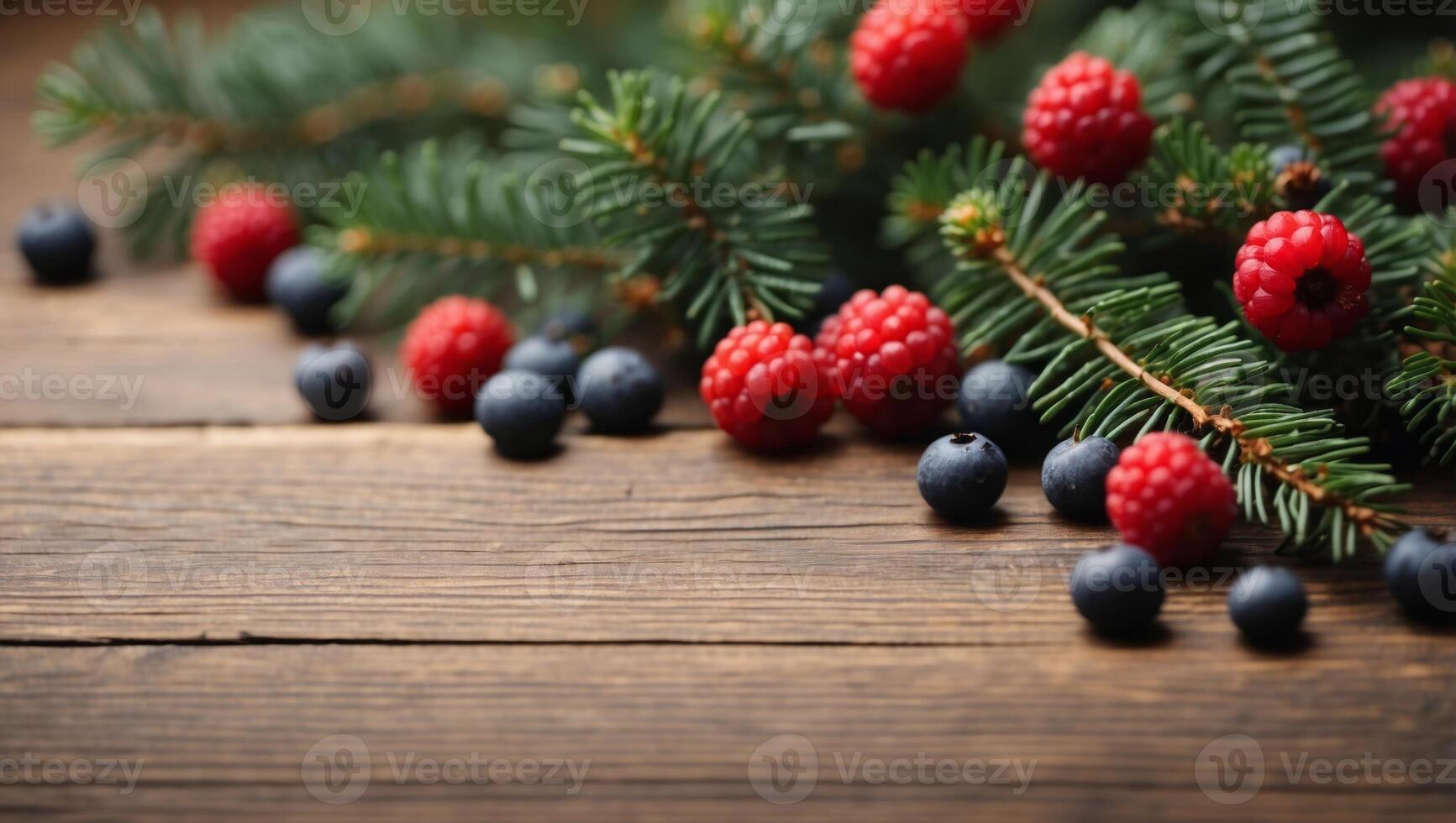 Flat lay composition with fir branches and berries on wooden background, space for text Winter holidays. photo
