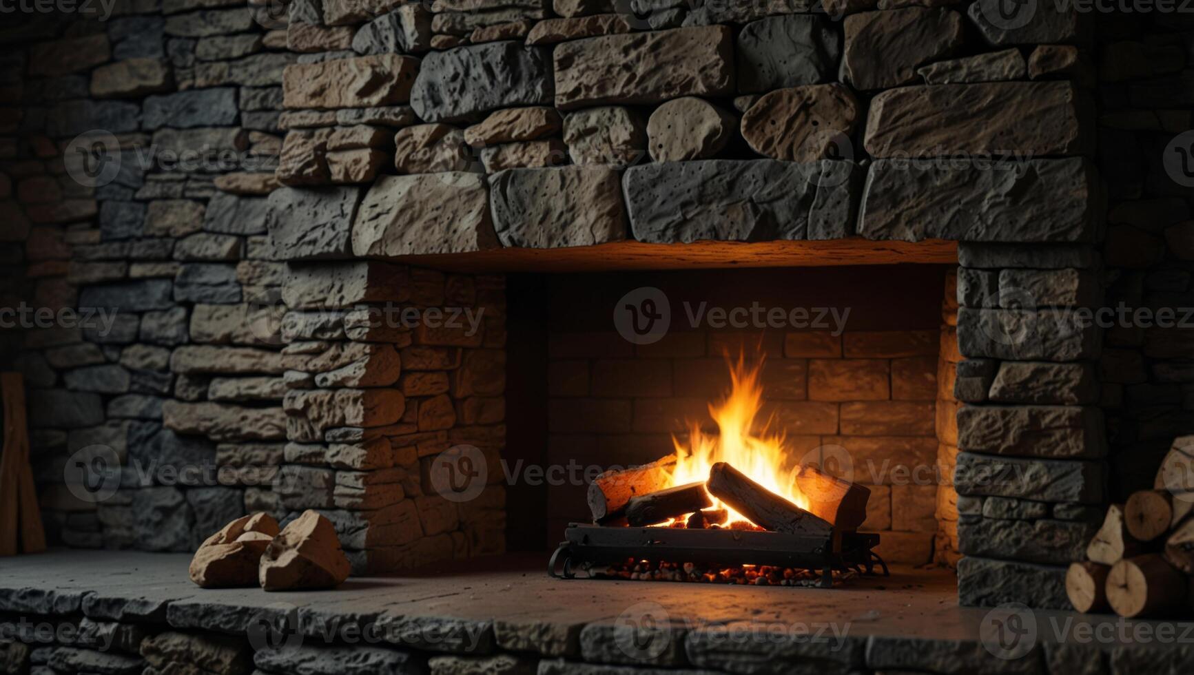 Fireplace on wild stone cladding wall background, rustic interior design. photo