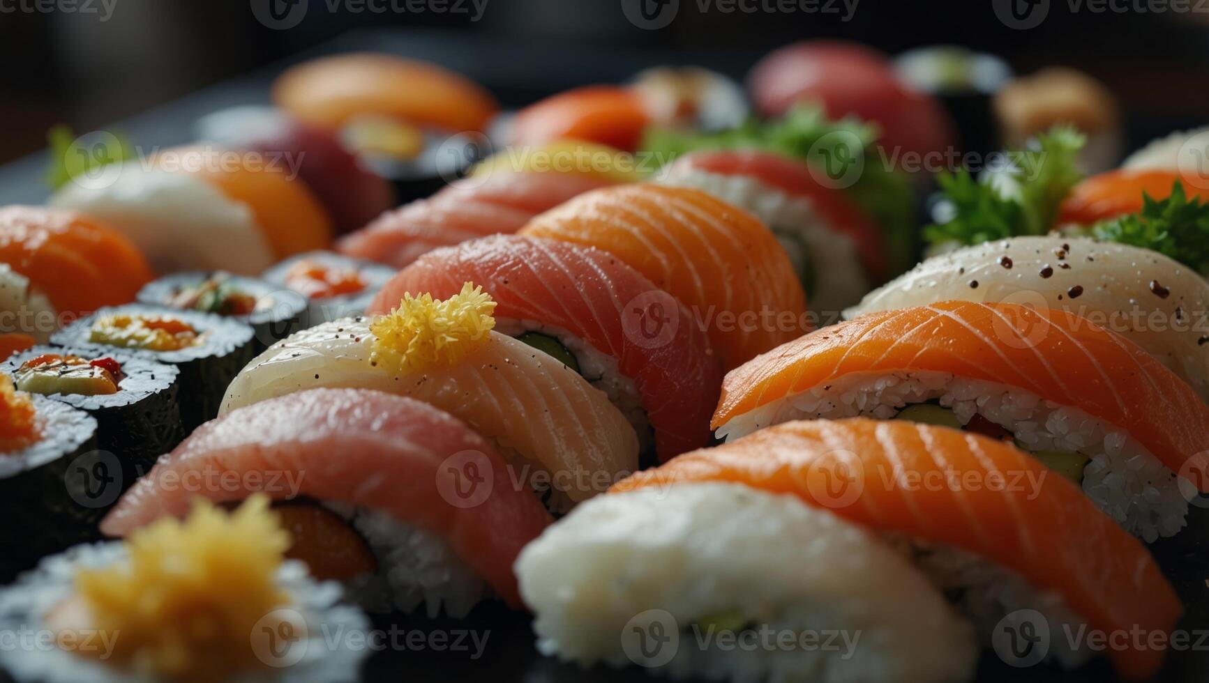 Food - Japanese Assorted Sushi and Sashimi displayed in catering area, Japanese style sushi buffet, sushi bar background. photo