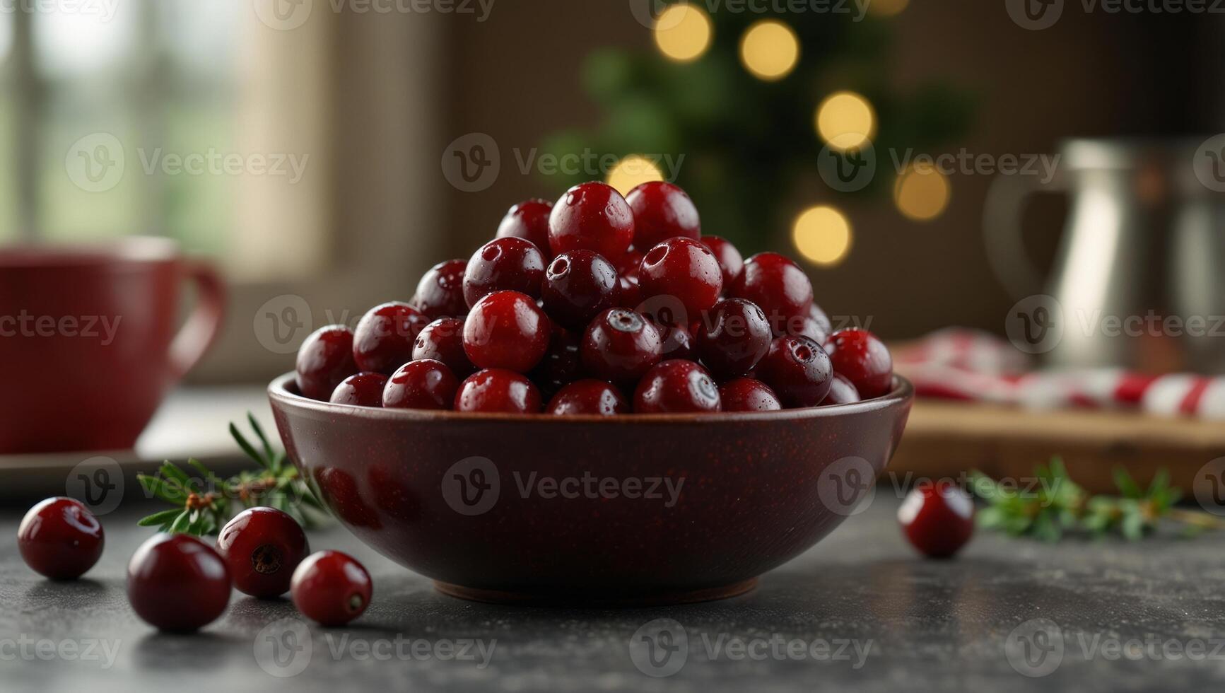 Fresh red washed cranberries in bowl on blurred kitchen background, close up with copy space, Christmas atmosphere concept. photo