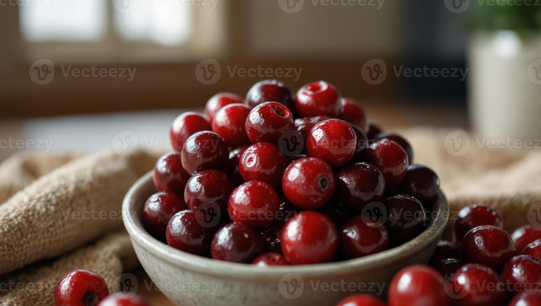 Fresh red washed cranberries in bowl on blurred kitchen background, close up with copy space, Christmas atmosphere concept. photo
