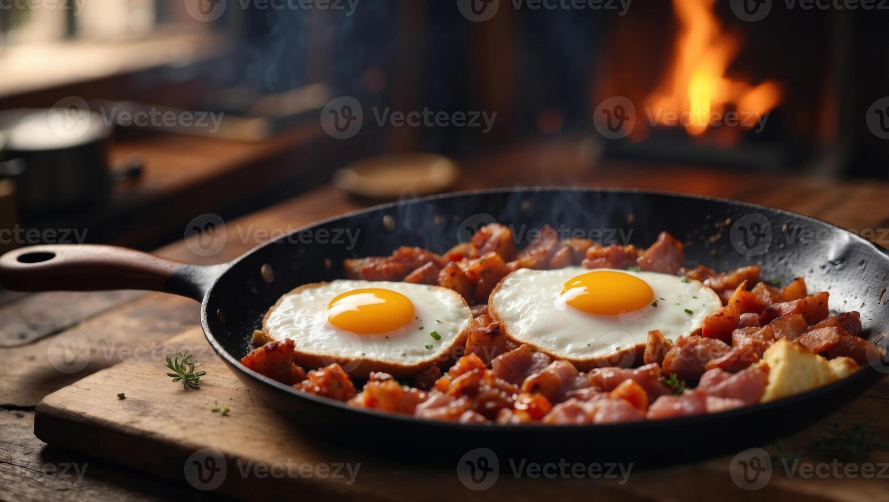 Frying pan with cooked traditional English breakfast on wooden table, closeup. photo