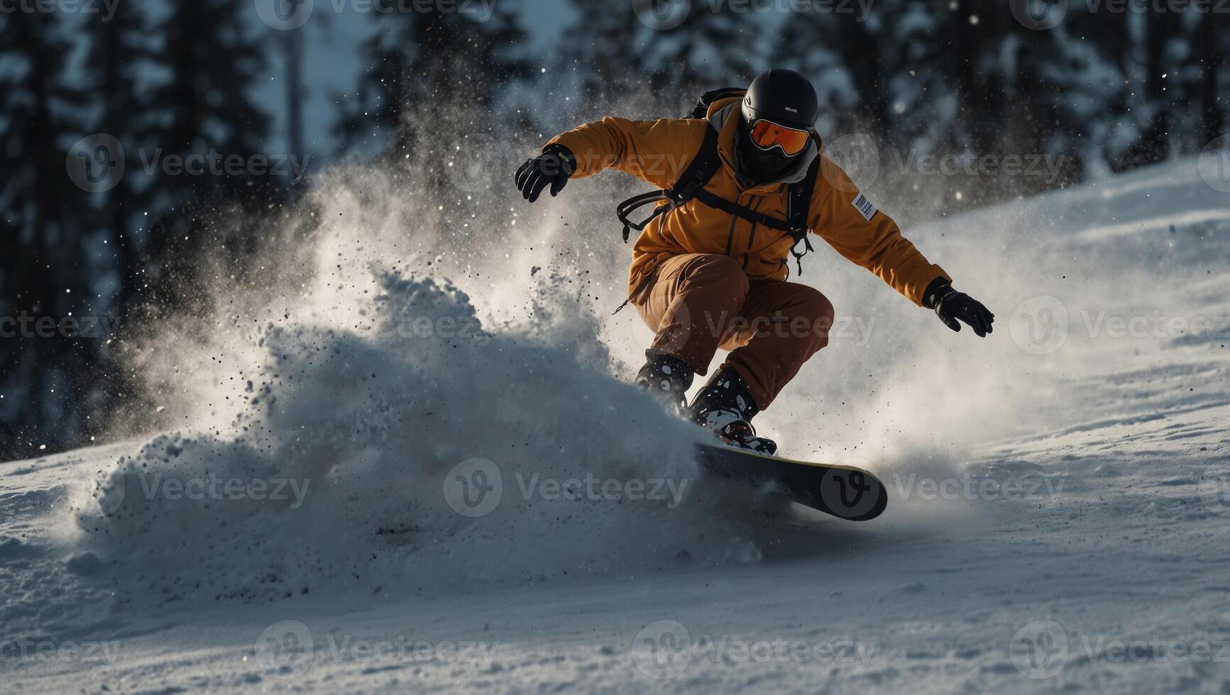 Freeride snowboarding photo in deep powder, winter skiing sport concept with copy space.