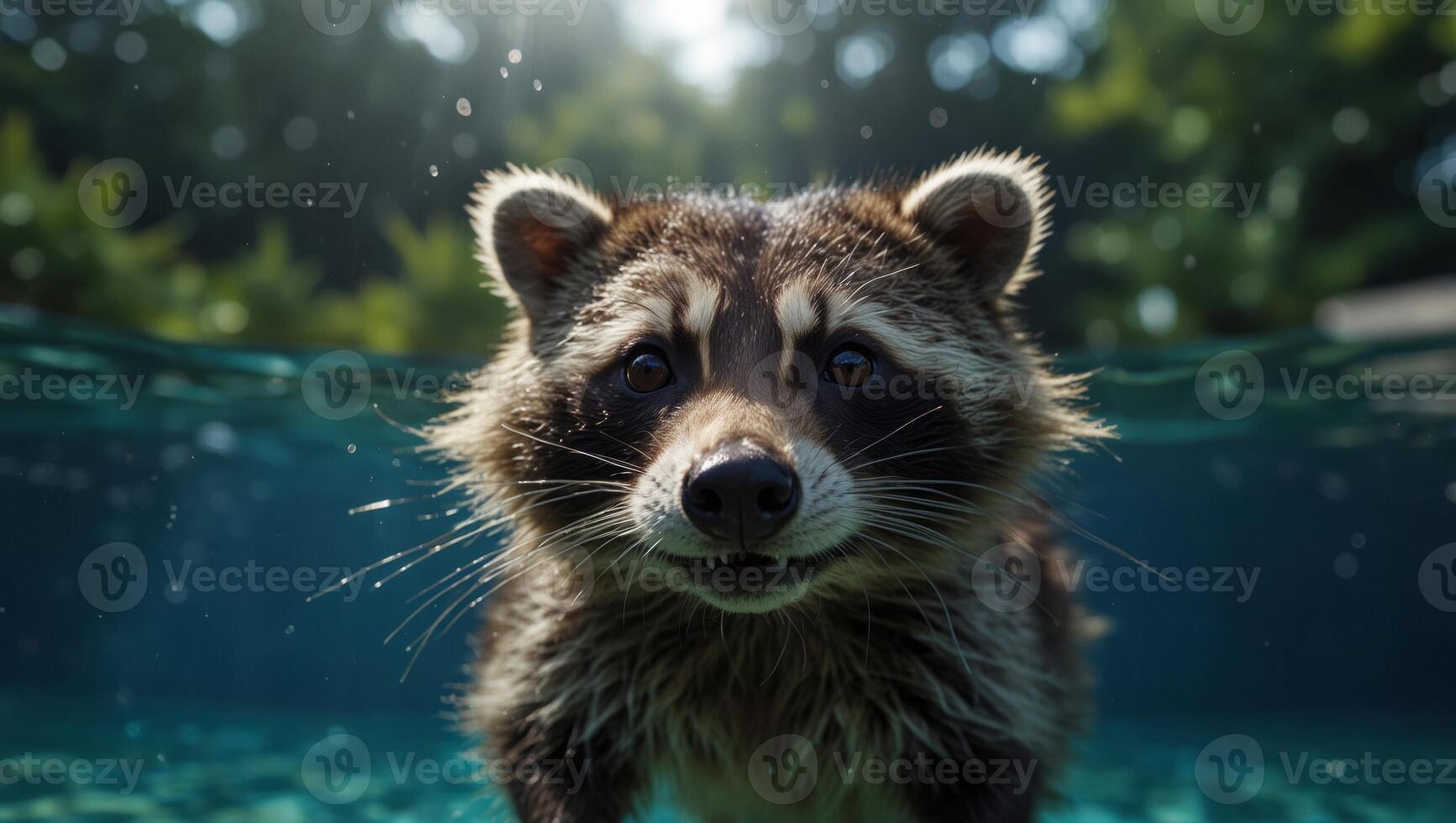 Funny racoon swimming under water in a summer pool, macro shot. photo