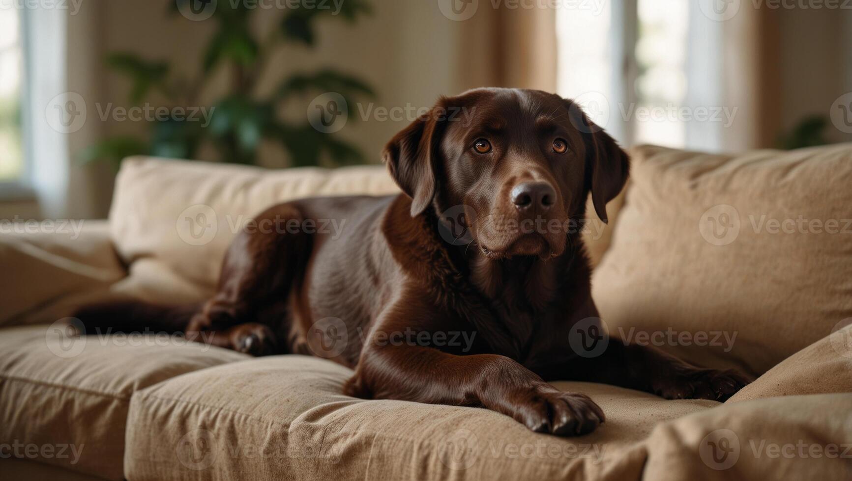 Funny lovely chocolate Labrador dog lies on the beige fabric sofa in a cozy afternoon, copy space, concept of resting, chill, relaxation, slow lifestyle. photo