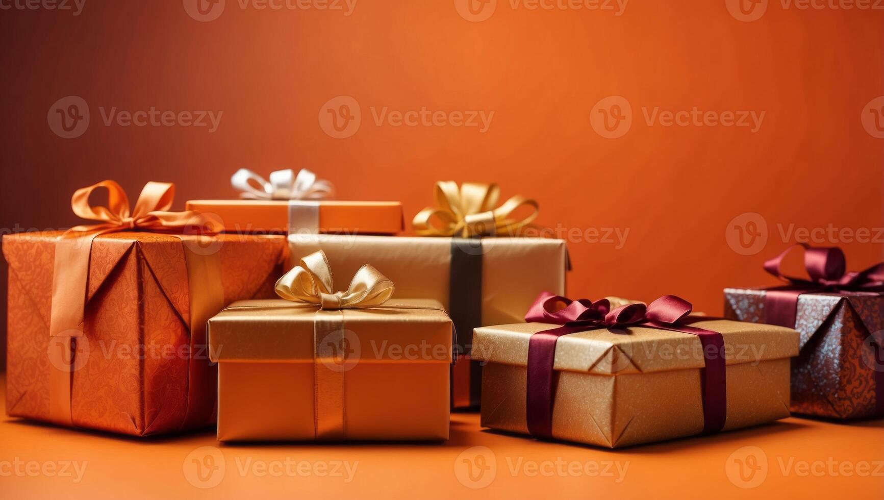 Gift present boxes on orange background Flat lay Top view with space for text. photo