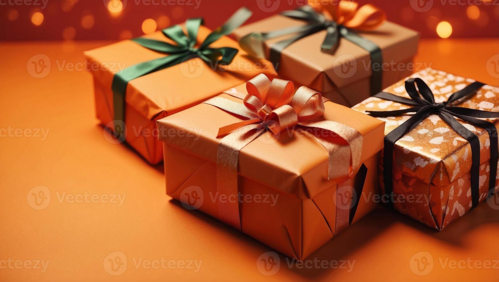 Gift present boxes on orange background Flat lay Top view with space for text. photo