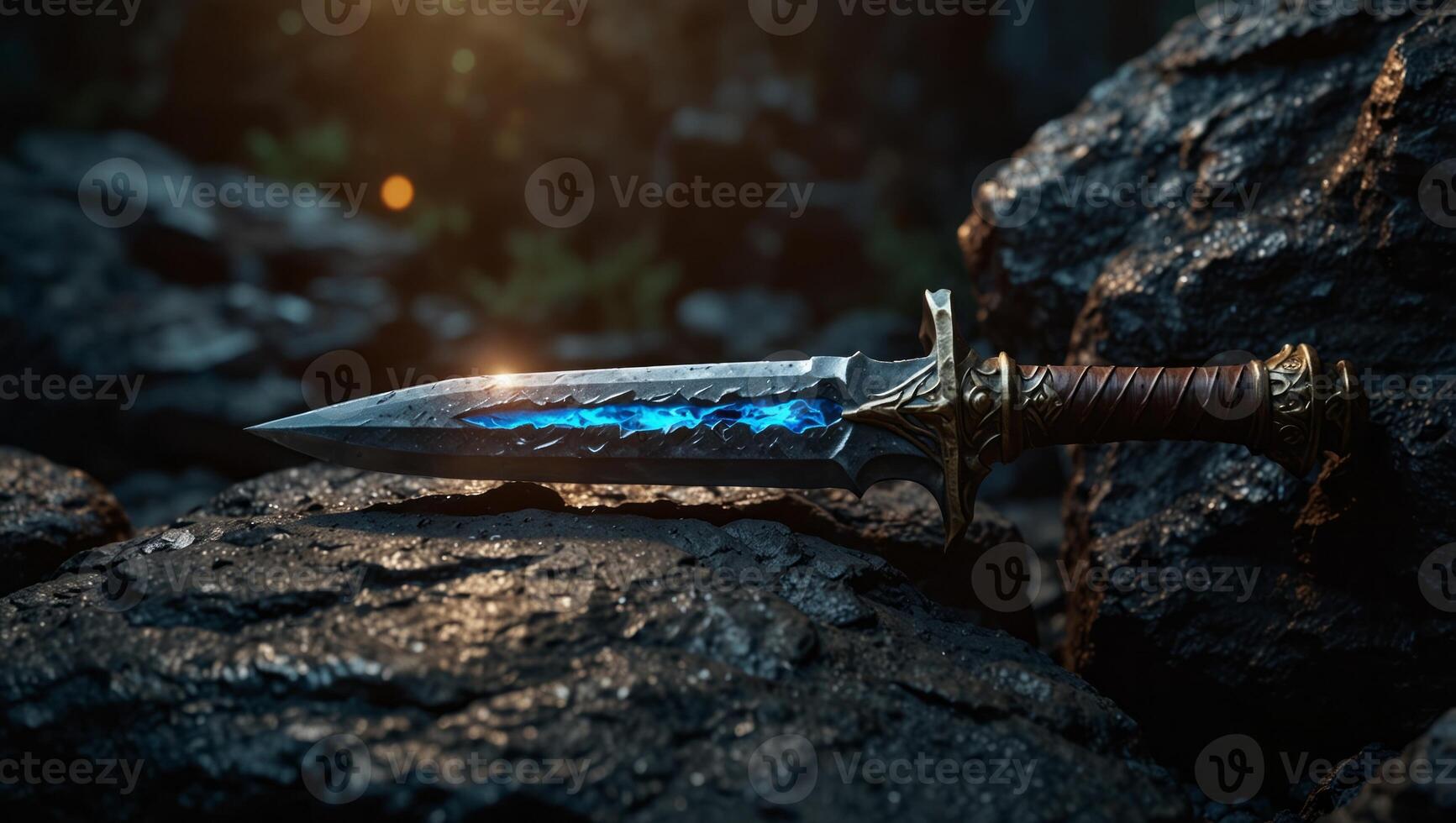 Glowing sword on dark rough rock backgrounds, game scene or fantasy scene of adventure, power, treasure finding, Halloween, dungeon, secret weapon. photo