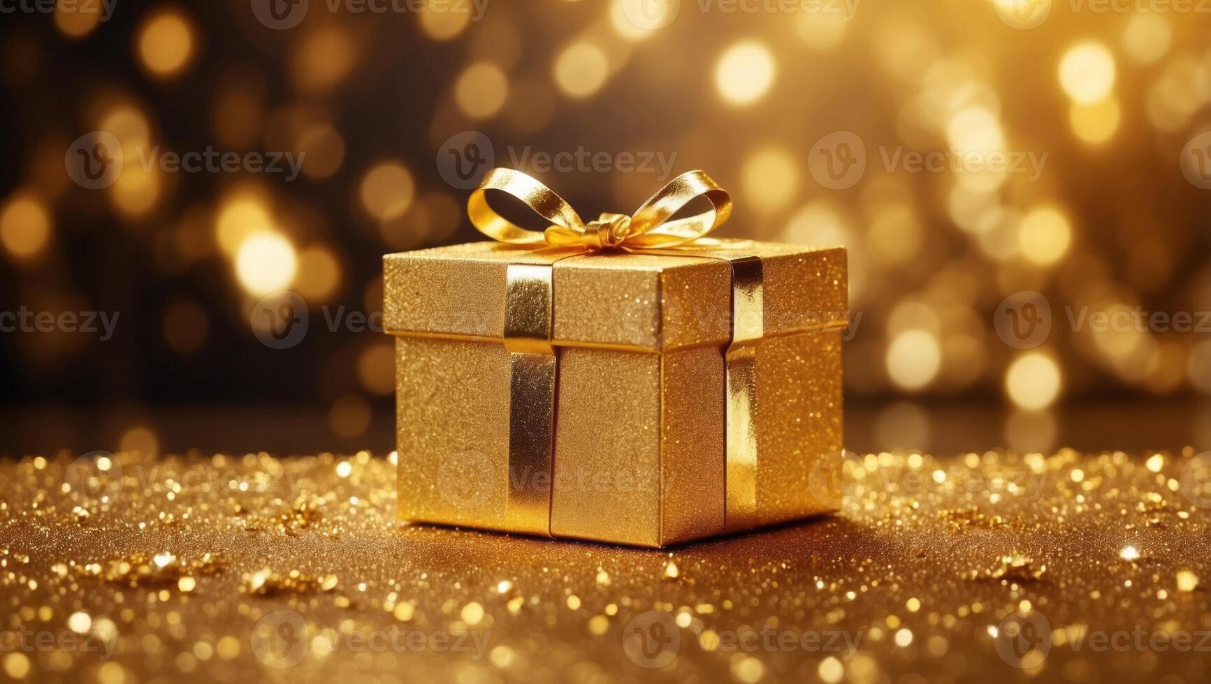 Golden Gift Box On Glitter In Abstract Background With Defocused Lights. photo