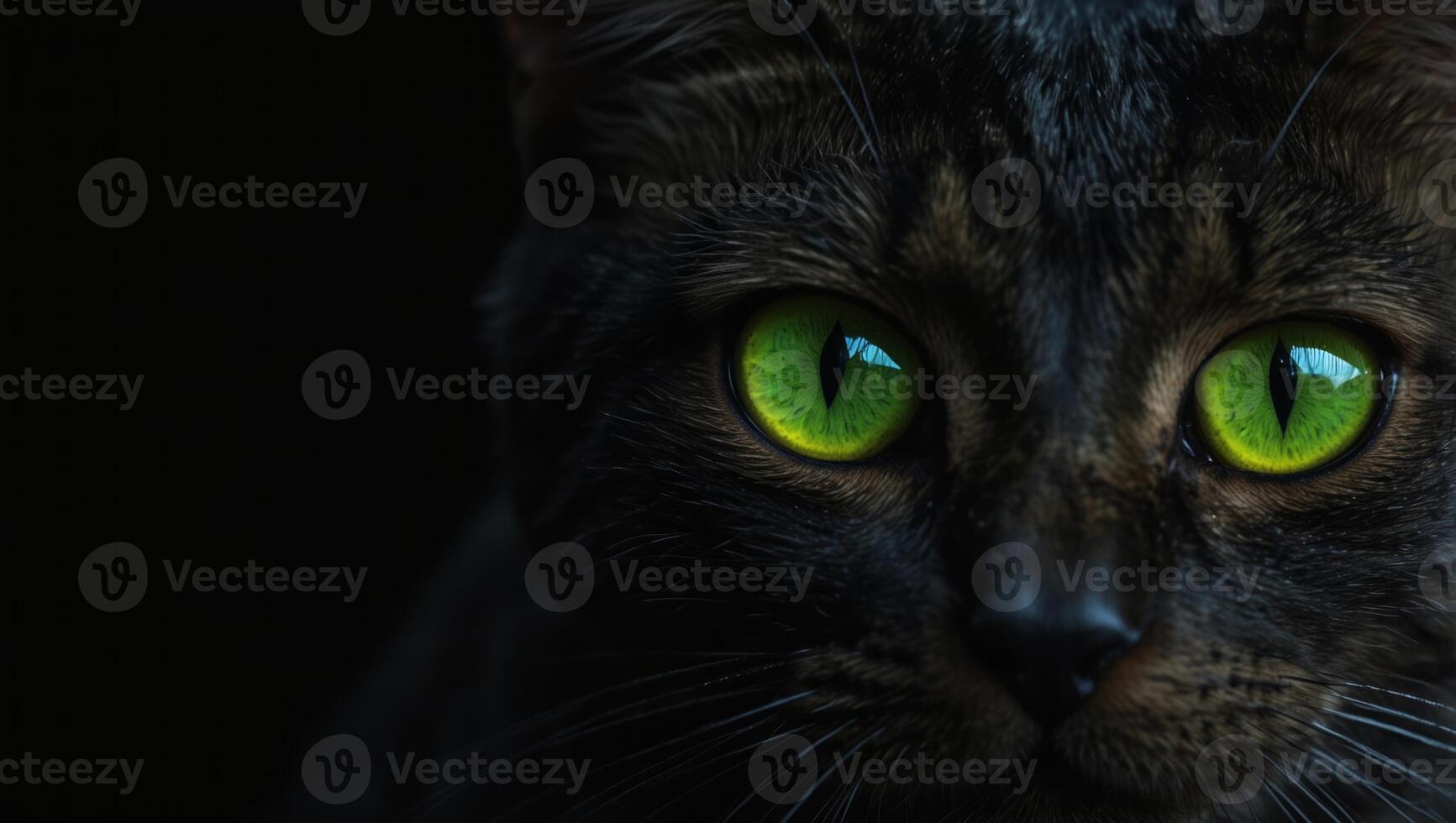 Green cat eyes glow in the dark on a black background, close up of a black cat's face. photo