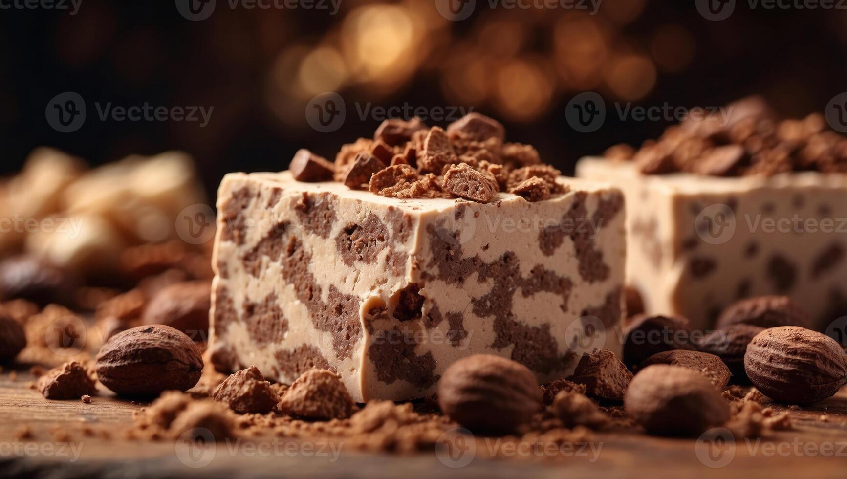 Halva cocoa pieces on wooden table background, closeup view. photo