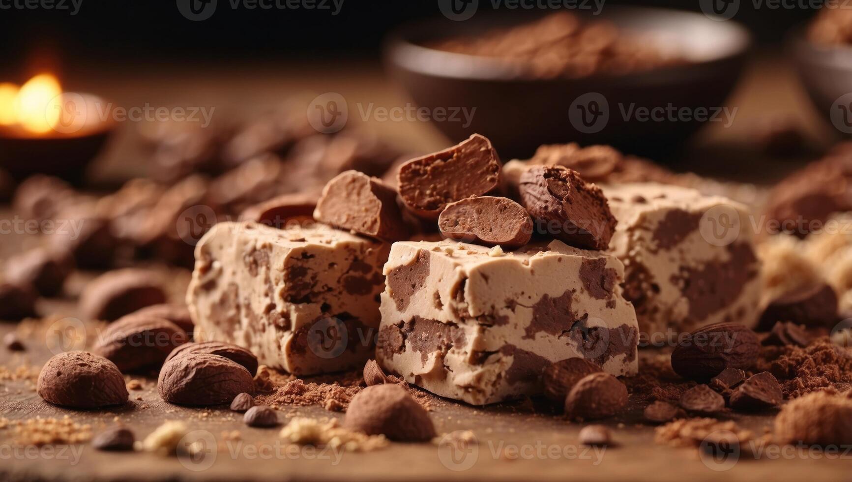 Halva cocoa pieces on wooden table background, closeup view. photo