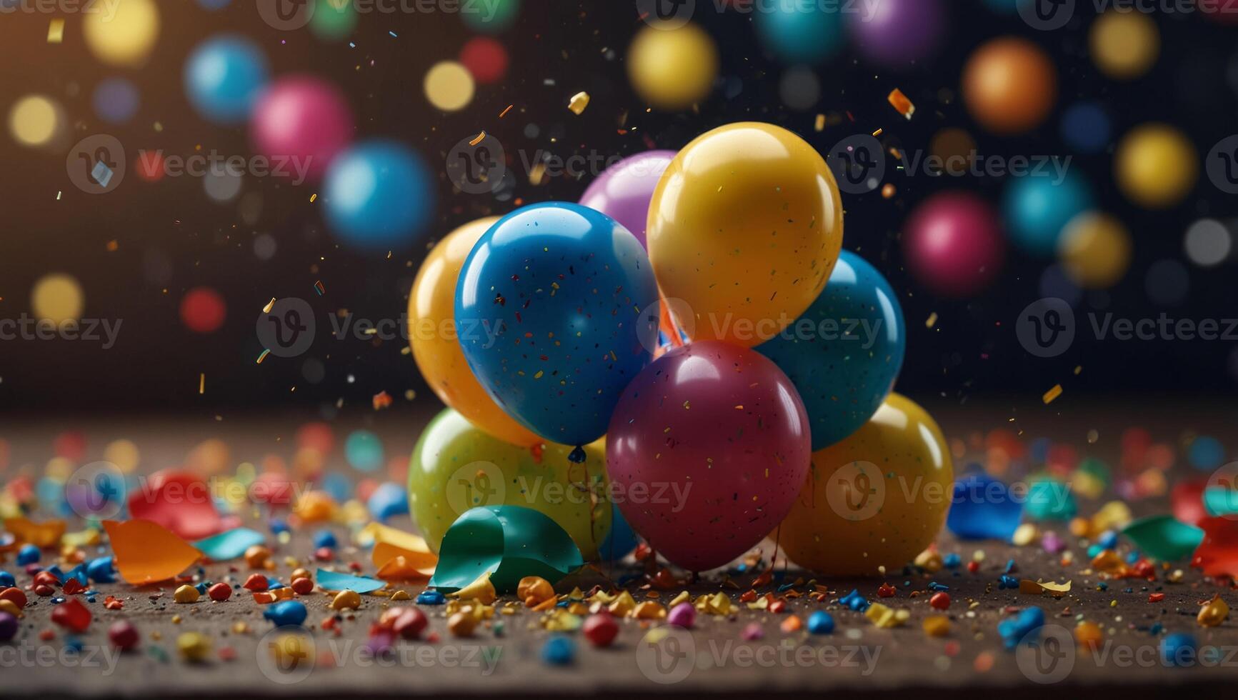 Happy new year festival celebrating atmosphere with multicolored balloons and confetti background, with copy space, happiness and joyful holiday event banner. photo