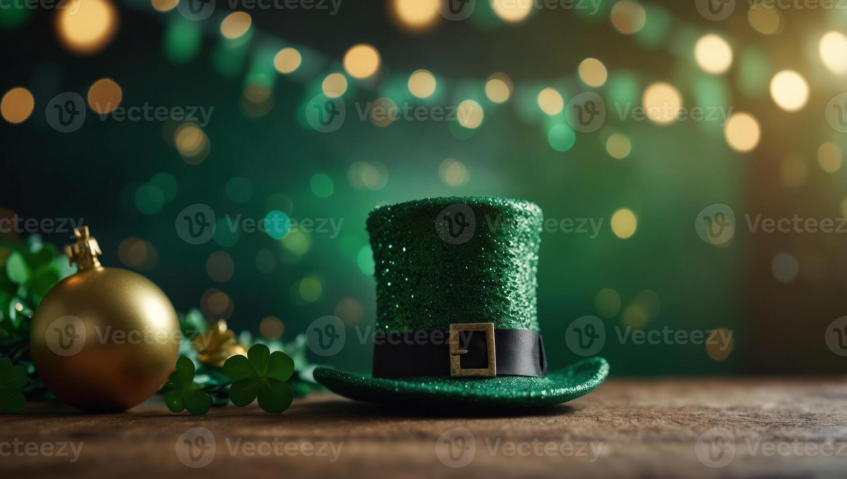 Happy St Patrick's Day banner design Elf Leprechauns with holiday decorations on sparkling green background with copy space. photo
