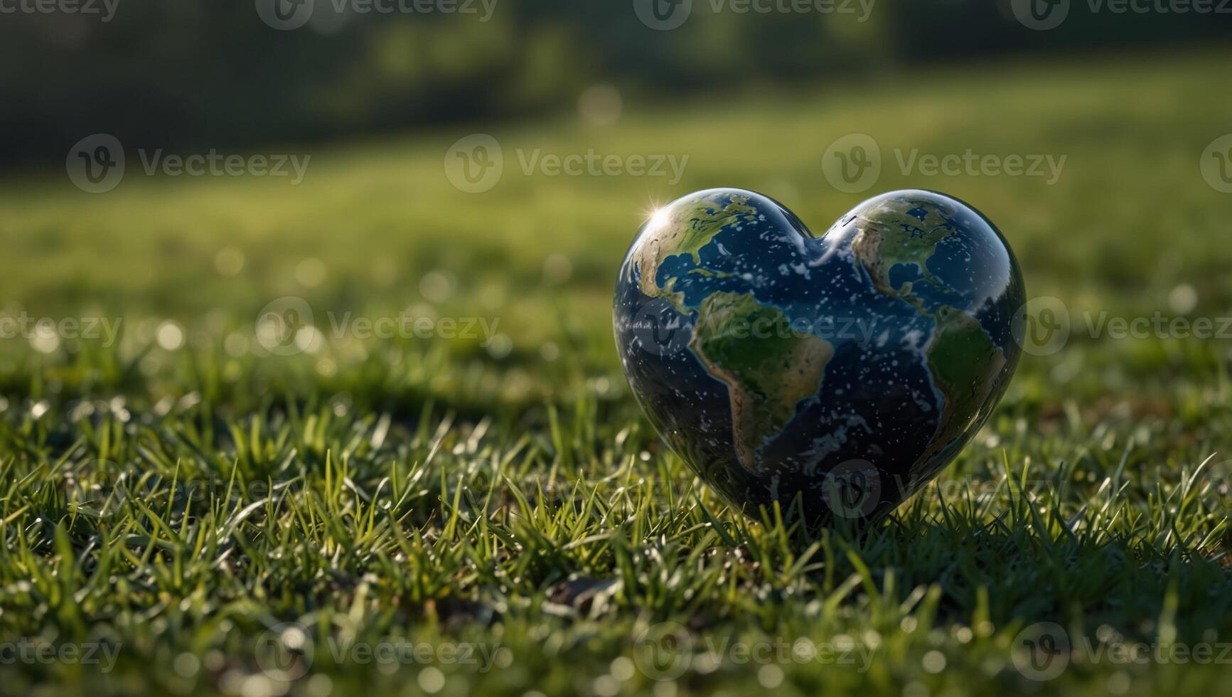 Heart shaped planet on spring green meadow for earth day with copy space. photo