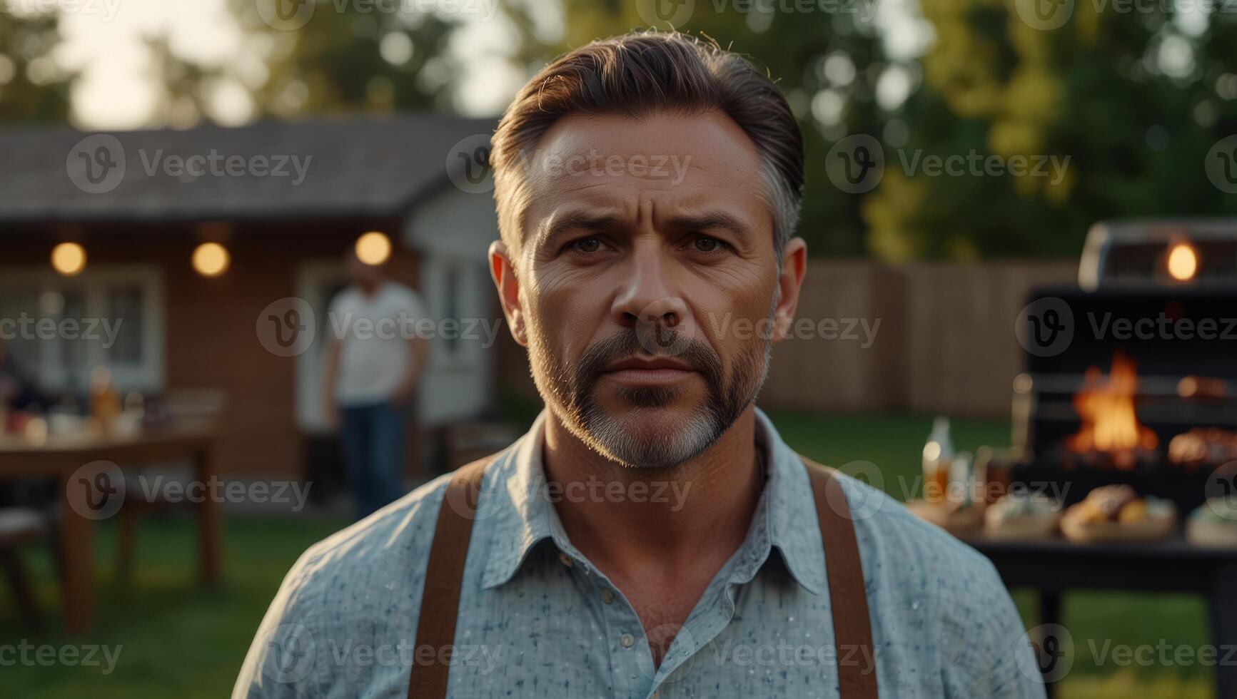 A man is standing in the yard near the barbecue and looks at the camera. photo