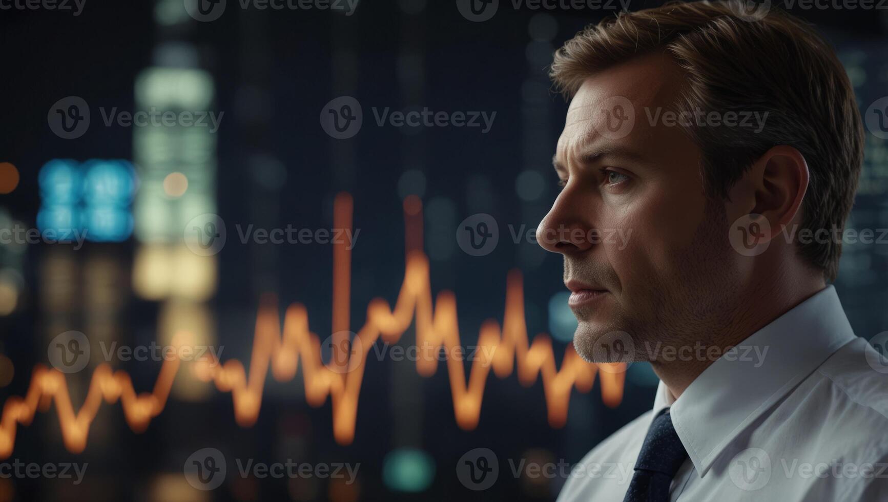 A businessman in the background of the city with graphs of the growth of the financial performance of the stock market and the stock exchange. photo