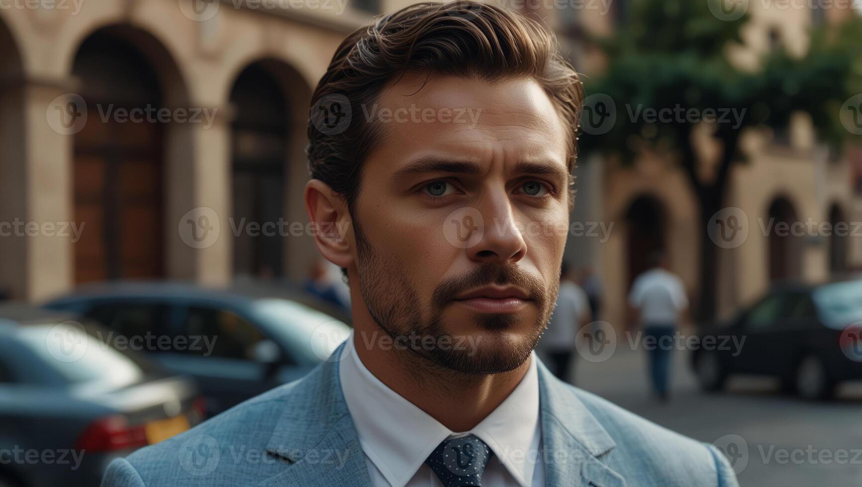 A handsome man in decent light blue suit and luxury tie on Italian street. photo