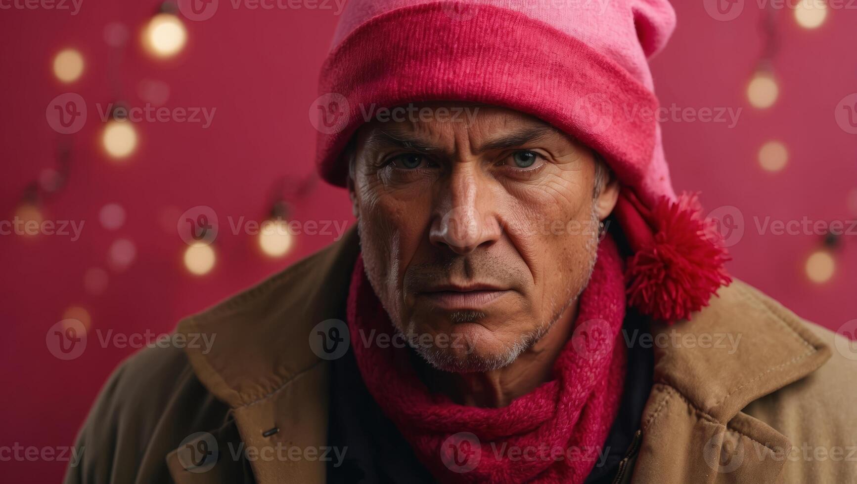 A thief in a red hat, stole someone else's Christmas gifts Angry character, negative human emotions Pink background, copy space. photo